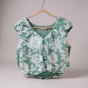 LOFT Blouse Womens Large Green White Floral Cap Sleeve‎ Bubble Hem Casual Top